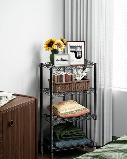 1000 lbs 4 Tier Shelf Metal Storage Shelves Wire Rack Closet Organizers with PP Board for Garage Kitchen Bathroom Laundry Black 11.8" D x 21.7" W x 39.5" H