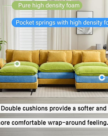 120" Modular Sectional Sofa, Comfy Cloud Couch Sectional Sofa with Ottoman, Chenille Sofa Sleeper Deep Seat Sofa with Throw Pillows for Living Room (Yellow, 120"- U Shape)