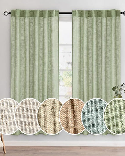 MIULEE Sage Green Linen Curtains 72 Inch Length for Bedroom Living Room, Soft Thick Linen Textured Window Drapes Semi Sheer Light Filtering Back Tab Rod Pocket Burlap Look Farmhouse Decor, 2 Panels