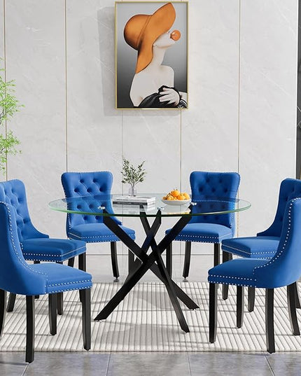 HomVent 7 Piece Round Glass Dining Table Set, Tempered Glass Dinner Table Set for 6 Kitchen Table Set with 6 Velvet Upholstered Chairs for Kitchen Dining Room