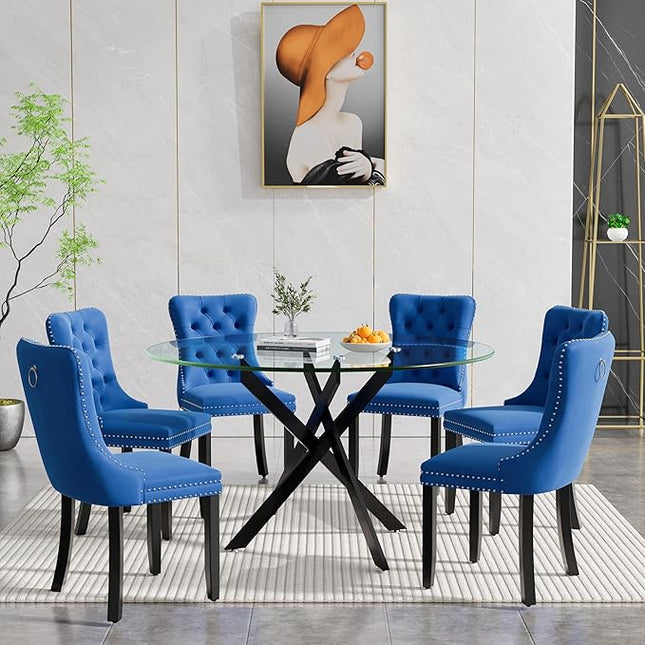HomVent 7 Piece Round Glass Dining Table Set, Tempered Glass Dinner Table Set for 6 Kitchen Table Set with 6 Velvet Upholstered Chairs for Kitchen Dining Room