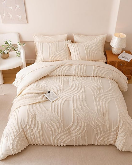 Beige Queen Comforter Set - 7 Pieces Bed in a Bag, Premium Comforters Queen Size Bed Set Tufted Shabby Chic Bedding Comforter Set with Flat Sheet, Fitted Sheet and Pillowcases,Beige