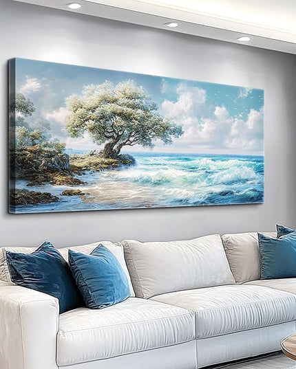 XIGUANGART Coastal Canvas Prints Wall Art Beach Sunset Ocean Waves Nature Pictures Trees on Rock Blue Painting Seascape Wall Decor for Living Room Bedroom Bathroom Home Office Artwork 40L x 20W