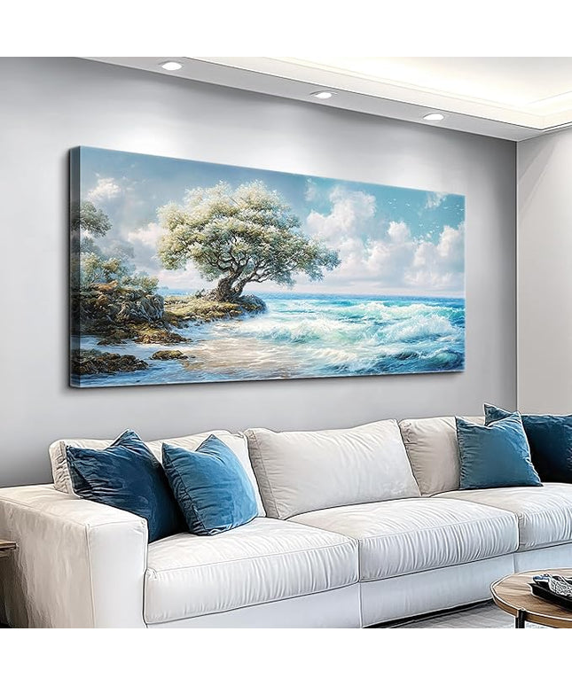 XIGUANGART Coastal Canvas Prints Wall Art Beach Sunset Ocean Waves Nature Pictures Trees on Rock Blue Painting Seascape Wall Decor for Living Room Bedroom Bathroom Home Office Artwork 40L x 20W