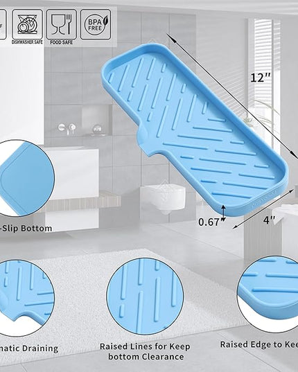 Silicone Bathroom Soap Dishes with Drain Spout-Bathroom and Kitchen Sink Organizer,Sponge Holder,Dish Soap Tray,Perfect for Dispenser,Scrubber,Bottle on Sink or Counter-Light Blue 12"×4"