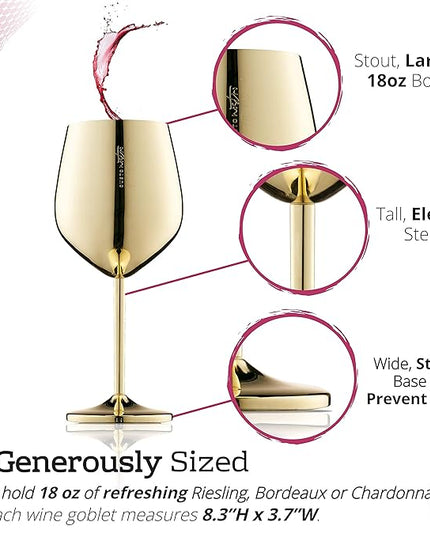 Gusto Nostro Stainless Steel Wine Glass - 18 oz Unbreakable Gold Wine Glasses for Travel, Camping and Pool - Fancy, Unique and Cute Portable Metal Wine Glass for Outdoor Events, Picnics (Set of 2)