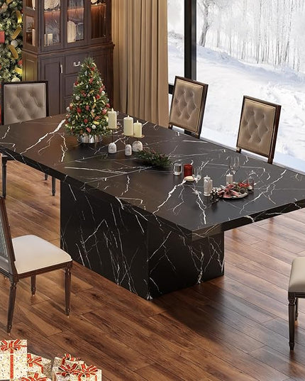 HSH 71” Black Dining Table for 6-8, Rectangle Modern Faux Marble Dinner Table, Large Dining Room Table for Kitchen Living Room, Industrial Wood Kitchen Table only with Sturdy Base, Black, 71 Inch