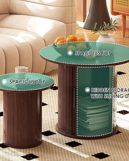 COSVALVE Nesting Coffee Table Set of 2 with Hidden Storage & Sliding Door, Circle Wood Coffee Table, Farmhouse Side & End Table Sets for Living Room, Small Spaces, Walnut