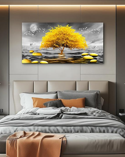 Wall Decorations For Living Room Large Size Canvas Wall Art For Bedroom Modern Office Wall Decor Canvas Art Black and white view Yellow Tree Painting Pictures Artwork for Walls Bathroom Home Decor