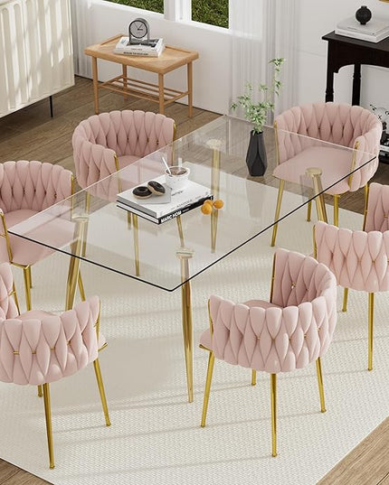 7 Piece Modern Gold Dining Room Set, 63'' Luxury Minimalist Kitchen Table Set, 6 Person Clear Glass Top Rectangle Dinner Set with Pink Woven Dining Chair for Home Large Living Room
