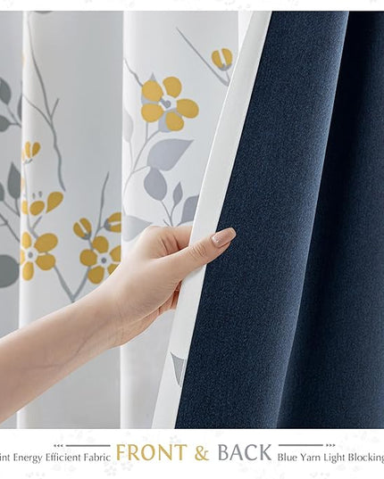 Beauoop Floral 100% Blackout Curtains 96 Inches Long 2 Panels for Bedroom Living Room Yellow Grey and White Flower Patterned Room Darkening Thermal Soundproof Grommet Window Treatments Drapes, 52X96