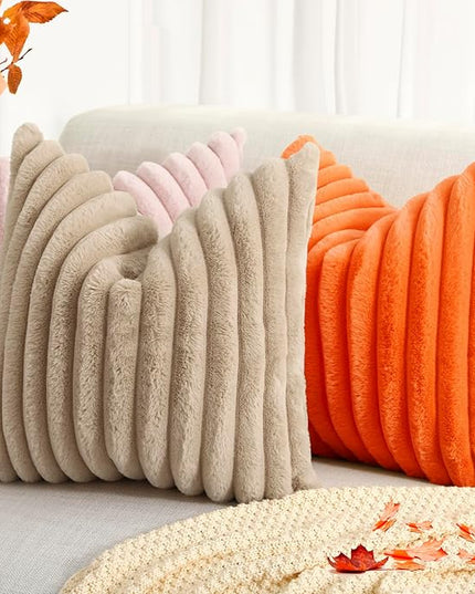 decorUhome Faux Fur Spring Throw Pillow Covers 20x20 Set of 2, Decorative Soft Plush Striped Neutral Couch Euro Pillow Covers with Velvet Back for Sofa, Bed, Living Room Home Decor, Orange