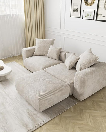 JACH Corduroy Modular Sectional Couch, Oversized Sectional Sofa with Chaise Ottoman, Cushion Covers Removable, Modern Deep 2-Seat Couches for Living Room, Office (Beige)