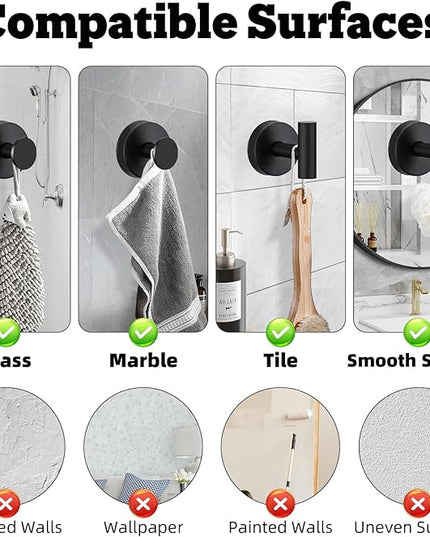 4 Pack Suction Cup Hooks for Shower - Stainless Steel Towel Hooks for Bathroom, Removable Shower Hooks for Bathroom Mirror Window Glass Wall Robe Looafh, Waterproof, Black