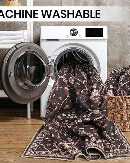GLN Rugs Bohemian Collection - Machine Washable Area Rug, Bohemian Vintage, Non Slip, Low Pile Chenille Rug, Living Room, Bedroom, Bathroom Rug (5'3" Round Black)