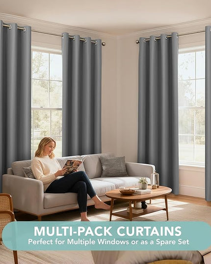 BONZER 100% Blackout Curtains 63 Inches Length - Grey Thermal Insulated Grommet Window Drapes, Single Layer Noise Reducing & Light Blocking Curtain with Black Laminated Backing for Bedroom, 2 Panels