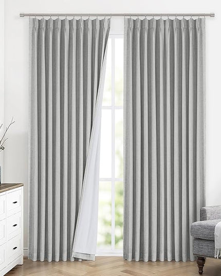 Vision Home Light Gray Pinch Pleated Full Blackout Curtains Linen Blended 60" Wide Thermal Insulated Window Panels 90 inch for Bedroom Living Room Darkening Pleat Drapes with Hooks Back Tab 60"Wx90Lx1