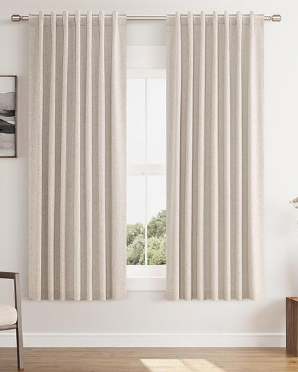 Guken Oatmeal Linen Blackout Curtains 63 Inch Length 2 Panels Set for Living Room Bedroom Back Tab Thermal Insulated 100% Black Out Linen Drapes Room Darkening Window Curtains 63 Inches Long