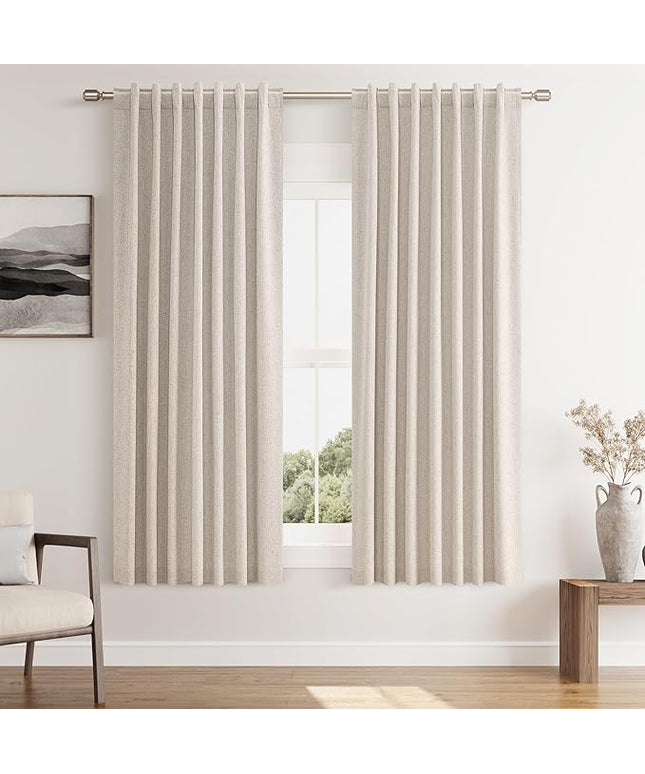 Guken Oatmeal Linen Blackout Curtains 63 Inch Length 2 Panels Set for Living Room Bedroom Back Tab Thermal Insulated 100% Black Out Linen Drapes Room Darkening Window Curtains 63 Inches Long
