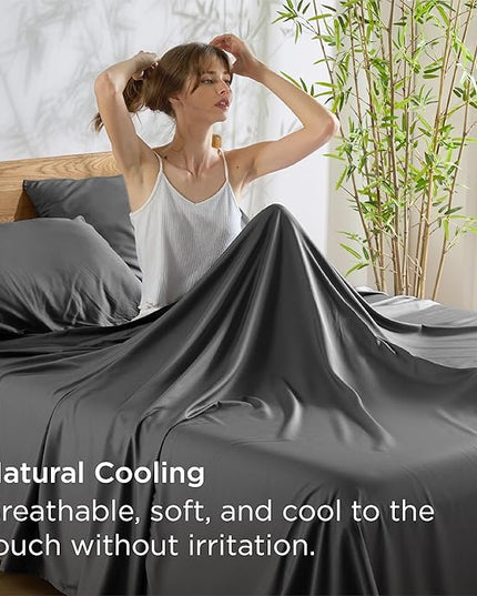 Bedsure King Size Sheets Set, Cooling Sheets for Hot Sleepers, Rayon Derived from Bamboo, Breathable & Soft, Deep Pocket Up to 16 Inches, Hotel Luxury Silky Bedding, Grey