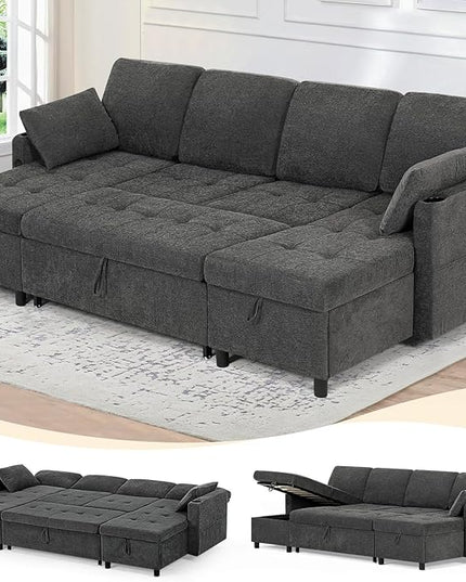 110" Fabric Pull-Out Couch Bed w/Adjustable Backrests, Sectional Sleeper Sofa w/USB Ports & 2 Cup Holders, Upholstered U-Shaped Couch w/Storage Chaise for Living Room, House, Grey