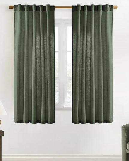 XTMYI 68 Inch Curtains 2 Panel Set,Linen Boho Semi Sheer Curtains for Bedroom Living Room,40x68 in Long,Olive Green
