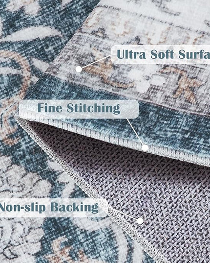 jinchan Floral 6x9 Area Rug for Living Room - Machine Washable Vintage Distressed Boho Design Throw Rug Stain Resistant Carpet Low-Pile Thin Non-Slip for Bedroom Dining Room Nursery (6‘x9', Dark Blue)