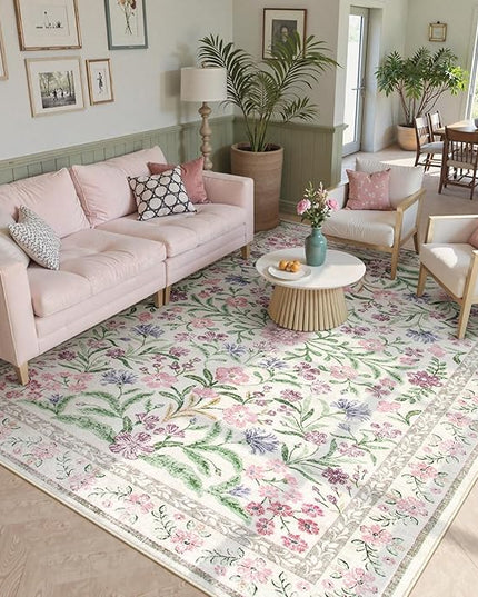 Wonnitar Purple Floral 8x10 Area Rugs, Washable Rug for Living Room, Soft Ultra-Thin Non-Shedding Large Indoor Boho Carpet for Bedroom Nursery Playroom Classroom Decor, Light Purple/Pink