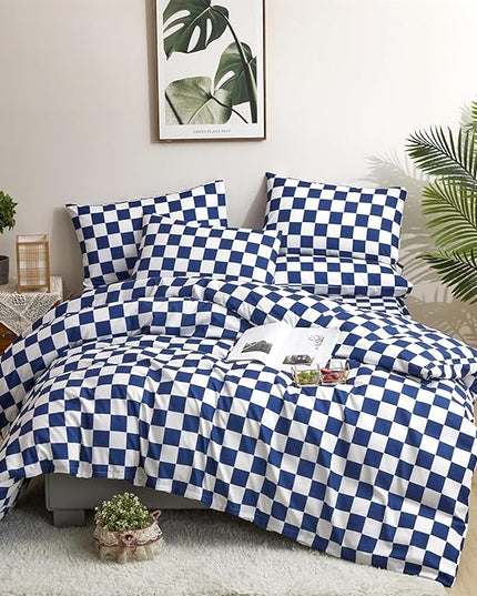 CLOTHKNOW Royal Blue White Plaid Full Size Comforter Sets Grid Bedding Comforter Sets Soft Blue Comforter with 2 x Pillow Cases