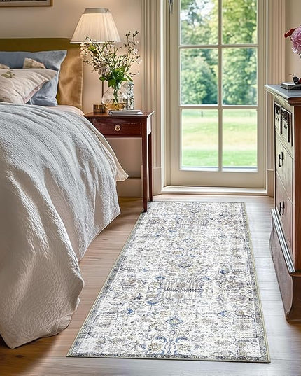 jinchan Kalen Runner Rug 2x6 Washable Hallway Rug Vintage Runner Indoor Floor Cover Thin Retro Distressed Floral Country Non Slip Carpet for Entryway Bathroom Kitchen Bedroom Living Room Blue