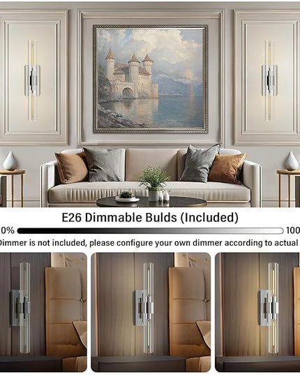 Wall Sconces Set of Two 22.8" Indoor Wall Light Fixtures, Nickel Bathroom Vanity Light Fixtures with Clear Glass, Modern Wall Lamp for Bathroom Living Room Bedroom Hallway(Bulb Included)