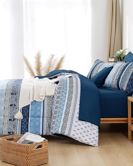 Boho Comforter Set Full Size,8 Pieces Navy Blue Bohemian Striped Bed in a Bag,Paisley Soft Microfiber Bedding Comforter Set