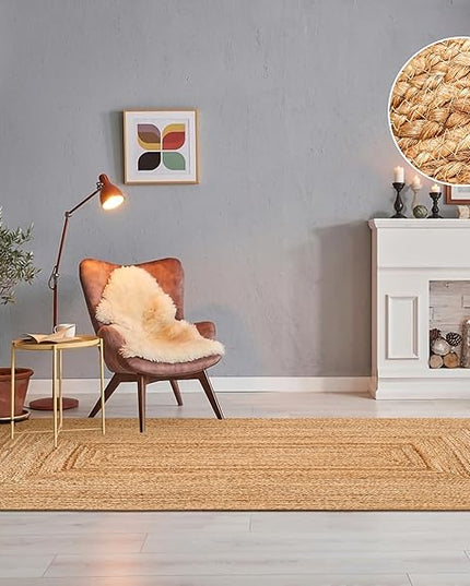Hand Woven Jute Area Rug - 4' x 6' Feet - Rustic Beige Reversible Rectangular Rugs for Bedroom, Kitchen, Living Room - Vintage Natural Braided Entry Floor Décor Boho Jute 4 x 6 Area Rug