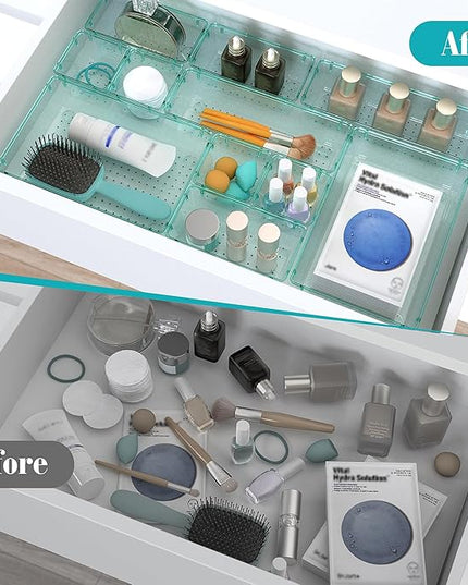 13 PCS Clear Plastic Drawer Organizers Set, 4 Size Desk Drawer Organizer Trays for Makeup, Jewelry, Kitchen Utensils, Gadgets and Office Accessories, Sea Blue