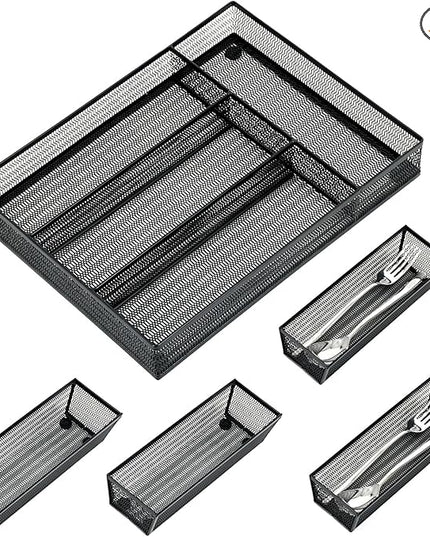 Neudeco Drawer Organizer Set 5 Pack - 4-Compartment Silverware Organizer Tray + 4 Utensil Trays, Kitchen Drawer Organizer for Flatware, Cutlery, Office Supplies, Black Mesh, Non-Slip.