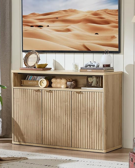 LEYAOYAO Buffet Cabinet with Storage, 45" Wide Fluted Accent Sideboard Credenza with 3 Doors & Open Storage Shelf, Modern Kitchen Wood Media Console Cabinet for Dining Room, Entryway, Natural Oak