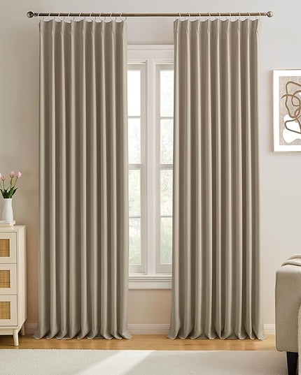 KEQIAOSUOCAI 60 Wide Pinch Pleated Window Curtain Panels 95 Inches Long Custom Made Pleated Curtains Hooks Track Privacy Memory Shape Drape for Living Room,Khaki, Set of 2=120 Inch Wide