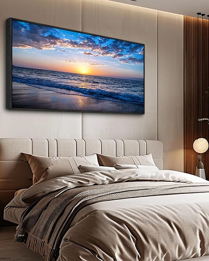 Sea Beach Framed Canvas Wall Art For Living Room Large Size Wall Decor For Bedroom Home Decor Blue Ocean Canvas Pictures Artwork Sunny Sea View Painting Office Wall Decorations Black Framed 20" X 40"