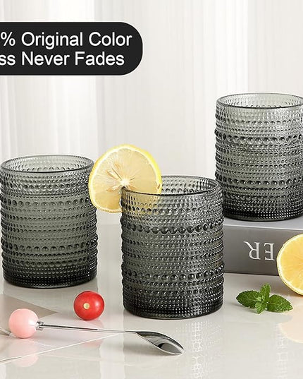 Vintage Glassware Drinking Glasses Set of 6,12 oz Hobnail Glass Cups,Embossed Grey Water Tumbler,for Beer,Cocktail,Whiskey,Juice and Various Mixed Drinks- 1 Cleaning Brush