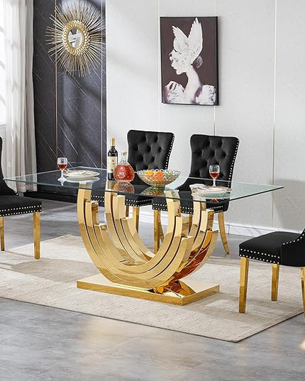 Henf 5-Piece Glass Dining Table Set with 4 Upholstered Dining Chairs,Large Glass Dining Room Table Set for 4, Modern Kitchen Table Furniture for Dining Room, Gold Dining Table and Chair Set for 4