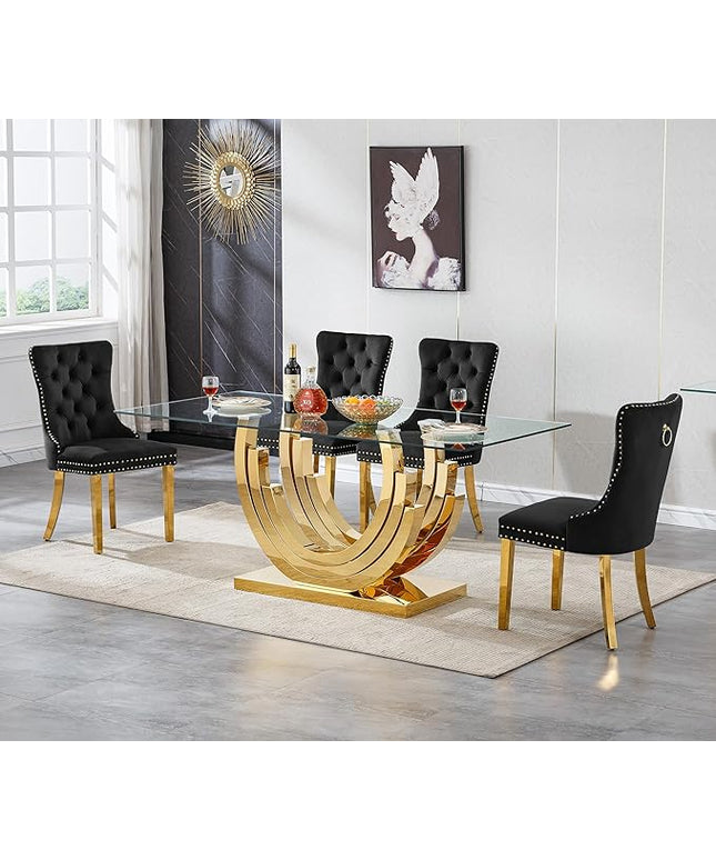 Henf 5-Piece Glass Dining Table Set with 4 Upholstered Dining Chairs,Large Glass Dining Room Table Set for 4, Modern Kitchen Table Furniture for Dining Room, Gold Dining Table and Chair Set for 4