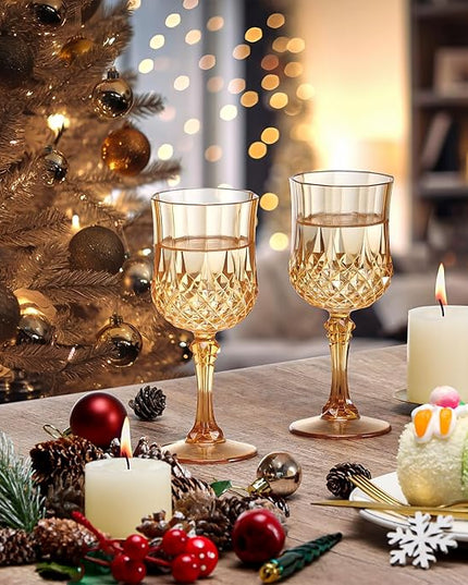 XUWAIDSGN 16 Pcs 7oz Plastic Vintage Wine Glasses Drinking Glasses Unbreakable Wedding Glassware Crystal Water Goblets Reusable Drinkware Vintage Champagne Flutes (16, Amber)