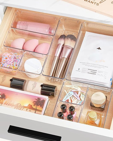 Vtopmart 25 PCS Clear Plastic Drawer Organizers Set, 4-Size Versatile Bathroom and Vanity Drawer Organizer Trays, Storage Bins for Makeup, Bedroom, Kitchen Gadgets Utensils and Office