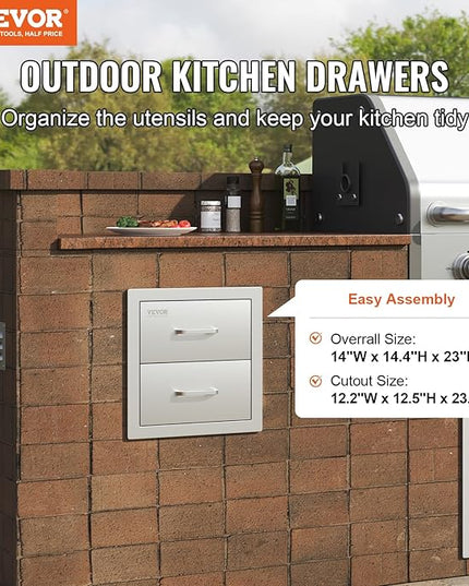 VEVOR Outdoor Kitchen Cabinets 14W x 14.3H x 23D Inch, BBQ Island Drawers Stainless Steel, Flush Mount Double with Handle, BBQ Island for Outdoor Kitchens or Grill Station