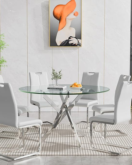HomVent 7 Piece Round Glass Dining Table Set, Round Glass Kitchen Table Set for 6 with 6 PU Upholstered Dining Chairs for Kitchen Dining Room