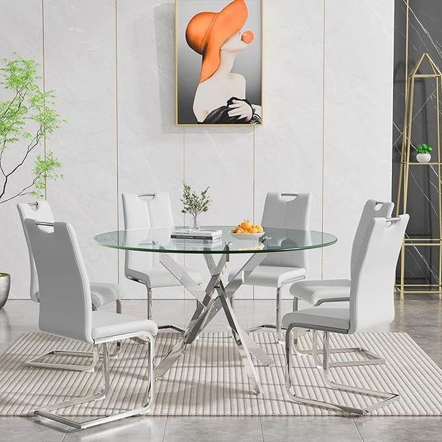 HomVent 7 Piece Round Glass Dining Table Set, Round Glass Kitchen Table Set for 6 with 6 PU Upholstered Dining Chairs for Kitchen Dining Room