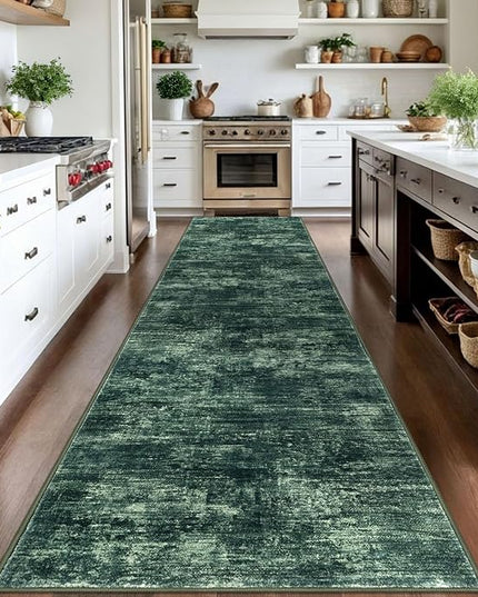 IOHOUZE Abstract Runner Rug 3x14 Ft Washable Runners for Hallways, Non Slip Kitchen Runner Printed Faux Wool Entryway Runner Indoor, Modern Abstract Floor Carpet for Hall Stair, Dark Green