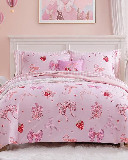 Twin Comforter Set for Girls-5 Pieces Pink Bow Twin Bedding Sets for Kids, Ultra Soft Bed in A Bag with Sheets