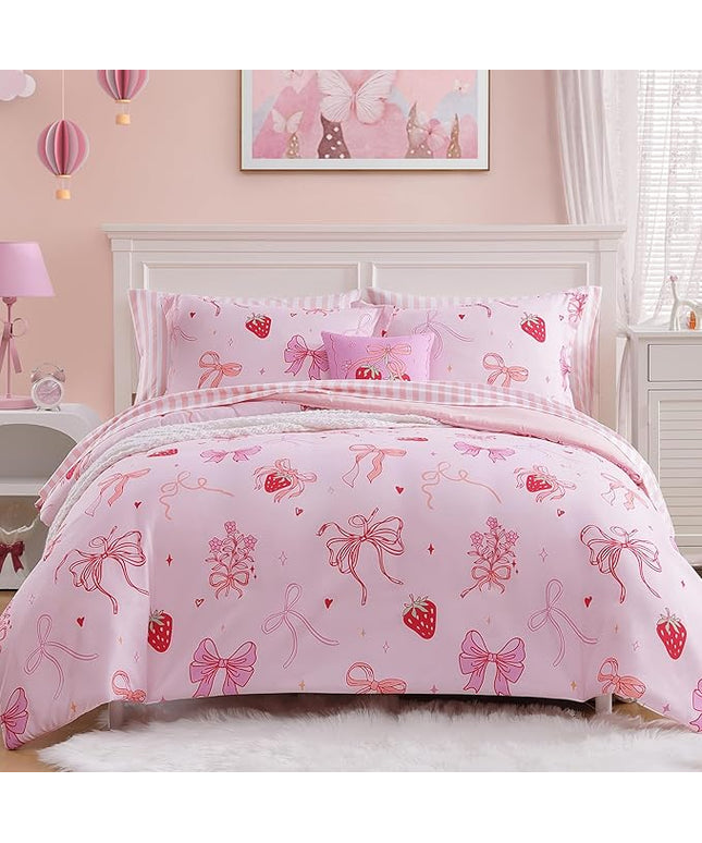 Twin Comforter Set for Girls-5 Pieces Pink Bow Twin Bedding Sets for Kids, Ultra Soft Bed in A Bag with Sheets