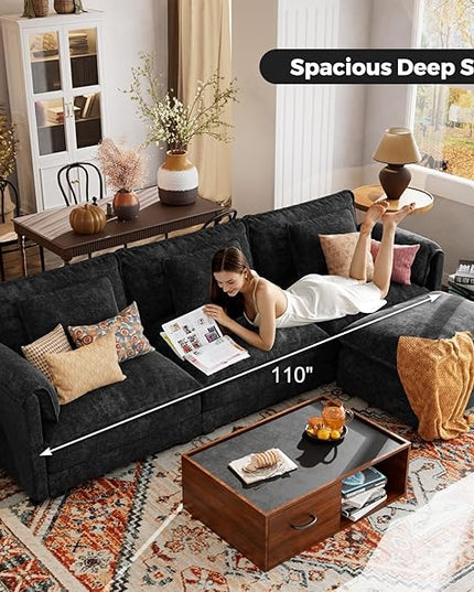 ELUCHANG 113" Modular Sectional Sofa, Comfy Cloud Couch Deep Seat Sofa Couches for Living Room, Modern Sofa with Movable Ottoman and Throw Pillows, DIY Combination - Chenille Black